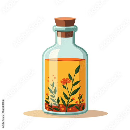 Apothecary Bottle with Herbal Infusion and Cork Stopper, Vector Illustration for Natural Remedies and Wellness