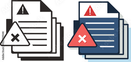 Document error alert warning notification stack of papers problem issue, Graphical representation of a document error or issue requiring attention vector illustration symbol