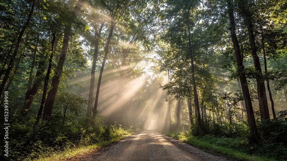 Obraz premium A forest path lined with tall trees leads into the distance, the sun shines through the leaves, and in front of it is an open clearing that exudes serenity.