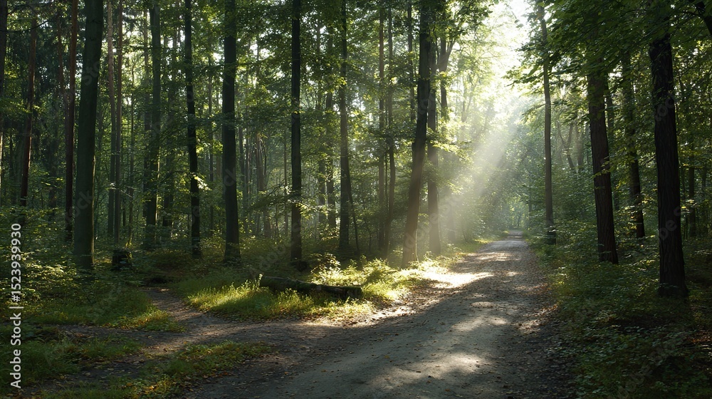 Obraz premium A forest path lined with tall trees leads into the distance, the sun shines through the leaves, and in front of it is an open clearing that exudes serenity.
