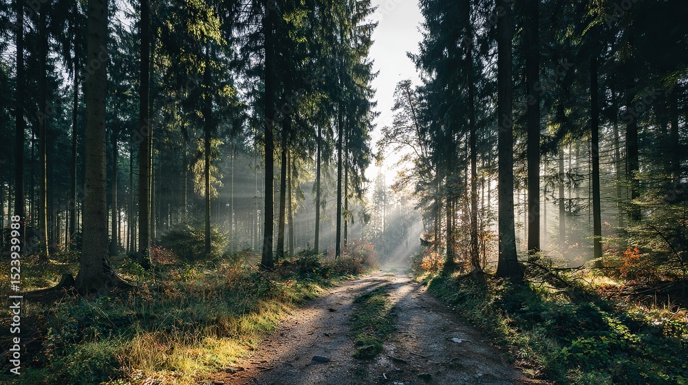 Obraz premium A forest path lined with tall trees leads into the distance, the sun shines through the leaves, and in front of it is an open clearing that exudes serenity.