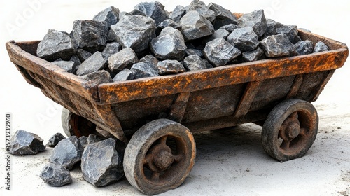 Old wooden mining cart loaded with rocks