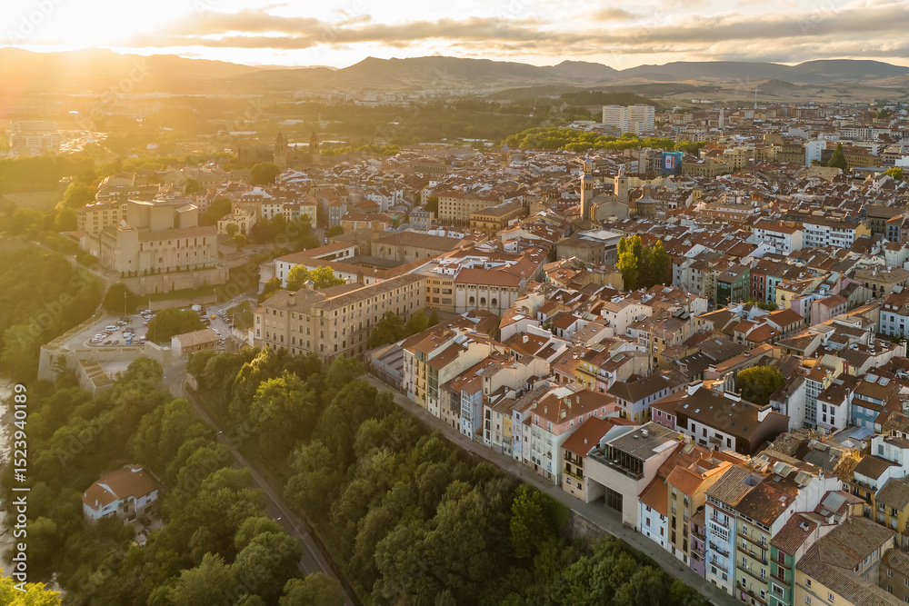 Fototapeta premium Aerial view of Pamplona at sunrise, the capital of Navarre in northern Spain