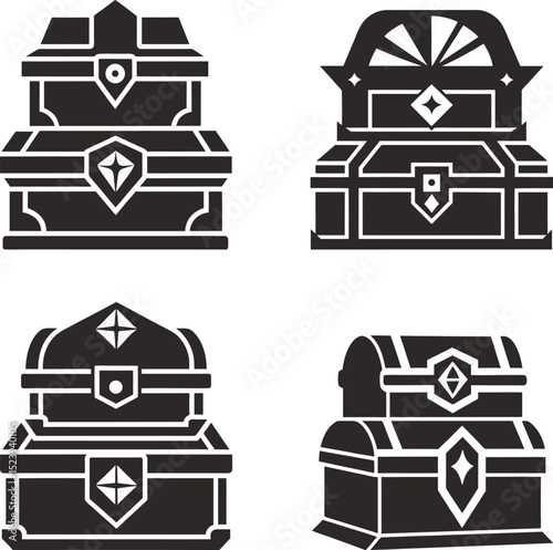 Treasure chests with jeweled accents stacked or single silhouette vector illustration symbol