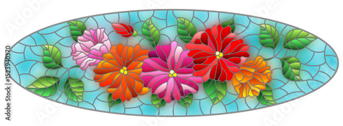 Illustration in stained glass style with abstract intertwined bright flowers and leaves on blue background