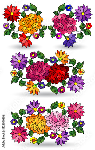 A set of stained glass illustrations with floral arrangements, isolated on a white background
