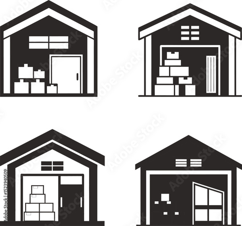 Warehouse symbol showing storage boxes inside different building vector illustration symbol