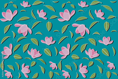Illustration of magnolia flower with leaf with shadow on blue green background.