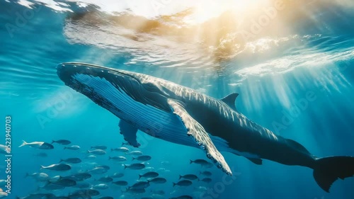 A whale is swimming in the ocean with a school of fish swimming around it. The scene is peaceful and serene, with the sunlight shining on the water and the whale's blue body