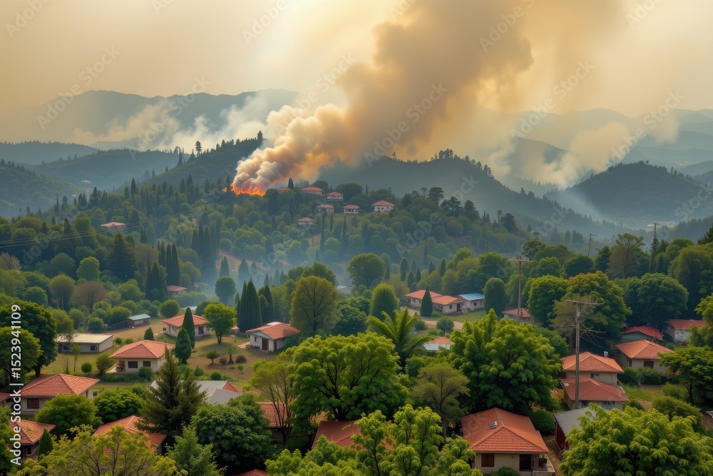 Fototapeta premium forest fire caused by illegal logging, with firefighters battling flames and smoke clouds engulfing nearby villages and wildlife habitats.