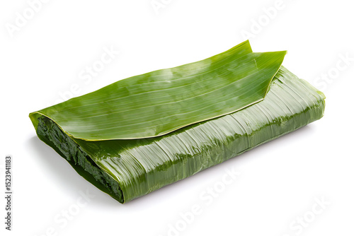 Fresh Green Food Wrapped in Banana Leaves Isolated on White Background Ready for Delicious Meal Preparation photo