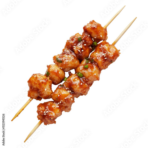 Grilled Korean Dakkochi chicken skewers coated in glossy sesame glaze,isolated on white transparent background, concept of Asian cuisine