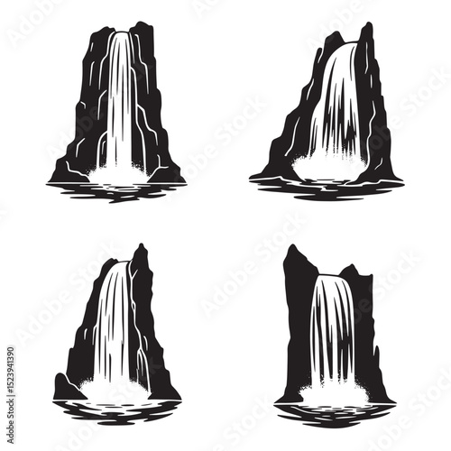 Black and white silhouette illustrations of four majestic waterfalls cascading down rocky cliffs