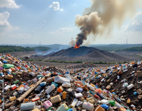 a landfill site with smoke rising from burning plastic, toxic fumes polluting air and harming nearby residents.