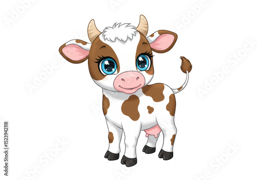 Isolated Cheerful Cartoon Cow Calf with Big Blue Eyes