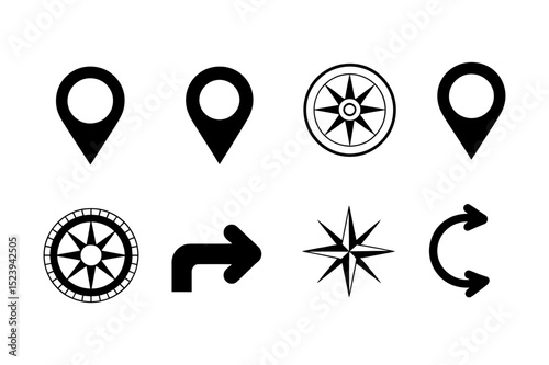 Navigation icons set map pin compass and direction