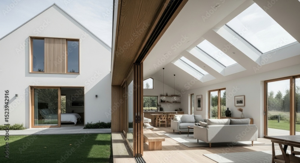 Modern farmhouse with open-plan living area. Modern farmhouse with open-plan living area.