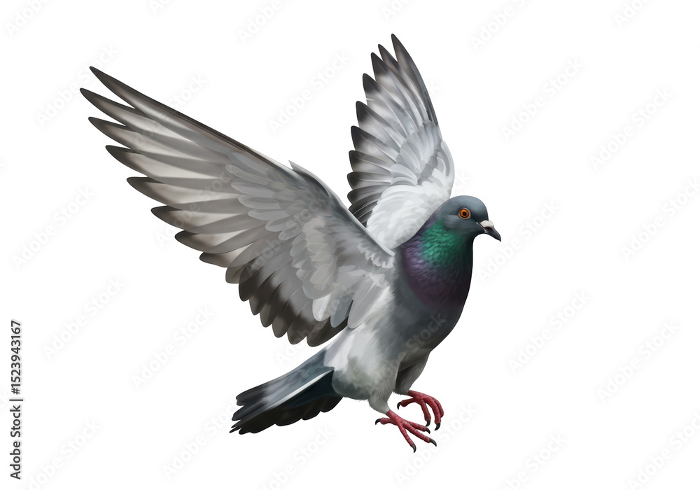 Obraz premium Isolated Pigeon Spreading Wings Mid-Flight