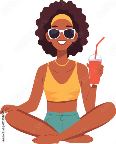 Minimalist vector cartoon of an adult relaxing on a beach chair with sunglasses and a cold drink in hand