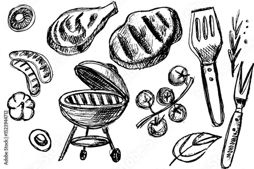 Grilled meat and barbecue tools in hand-drawn style illustration  