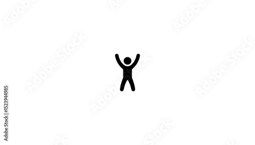 Stick figure celebrating with raised arms on white background