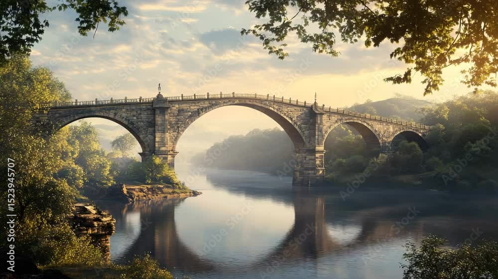 A bridge spans a river with a calm, peaceful waterway. The bridge is old and has a stone arch design. The scene is serene and picturesque, with the bridge and waterway creating a sense of tranquility
