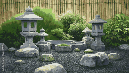 Stone & Silence Japanese rock garden isolated watercolor vector illustration svg