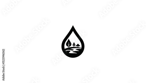 Black and white droplet with trees and river inside