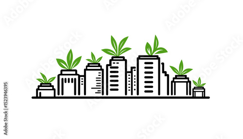 Urban skyline with greenery growing on buildings