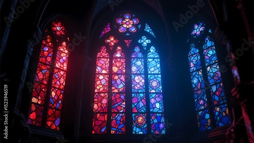 Colorful Stained Glass Windows in Gothic Church. This image features vibrant stained glass windows with red, blue, and purple hues in a Gothic church setting