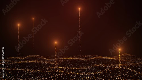 Abstract digital background with rising glowing particles and undulating surface.