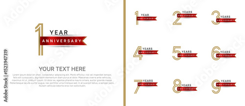 logo anniversary set. brown color with red ribbon on white background for special event
