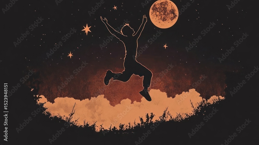 Naklejka premium Silhouetted figure leaps, night sky, clouds