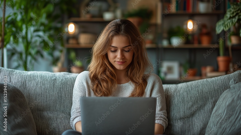 Naklejka premium Overworked businesswoman feeling fatigued while working on laptop in cozy home setting during evening hours