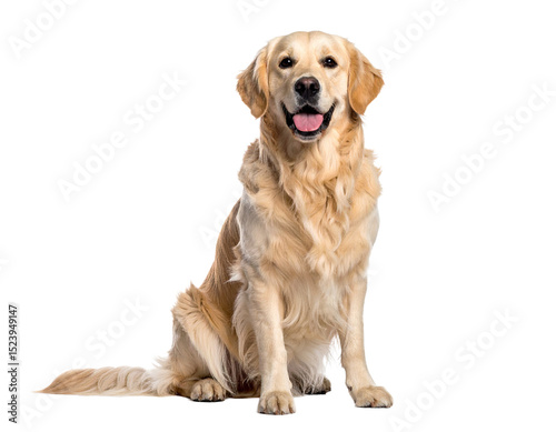 Happy golden retriever dog sitting isolated on transparent background