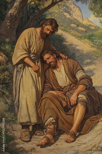 Good Samaritan caring for a wounded traveler on a quiet road, embodying compassion and selflessness
