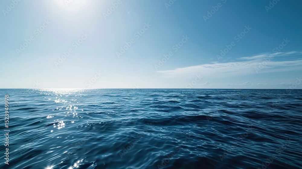 Obraz premium Calm Blue Ocean Sunrise at Flat Camera Angle: Serene Horizons, Soft Golden Rays, and Minimalist Coastal Aesthetics in Dawn Photography – Smooth Water Textures and Pastel Skies