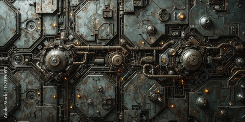 Detailed mechanical wall background featuring aged metal panels, complex pipes, rivets, and large central gears in a futuristic or industrial style.