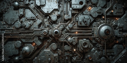 Intricate network of metallic panels, pipes, and optical sensors with glowing orange lights, forming a complex science fiction or industrial machine circuit board texture.