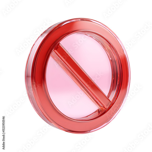 A glossy red prohibition sign with a diagonal bar inside a circle, isolated on transparent background, indicating restriction or forbidden action