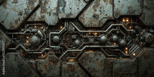 Horizontal view of heavily rusted and weathered metal surface featuring a complex pattern of pipes, dials, and glowing orange lights embedded in angular panels, industrial texture.
