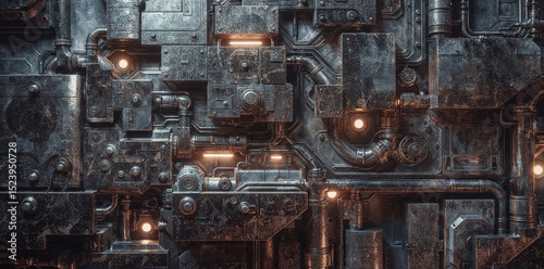 Dark and gritty detailed metallic background of industrial or sci-fi machinery with glowing orange lights, rust, pipes, and complex paneling.