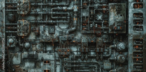 Detailed Rusty Industrial Control Panel Wall - Complex Mechanical System with Pipes, Wires, Gauges, and Orange Lights