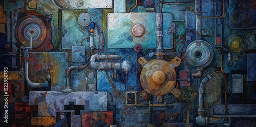 Abstract Steampunk Industrial Art Background Depicting a Complex Wall of Pipes, Gauges, and Mechanical Components with Vibrant, Aged, and Distressed Paint Textures