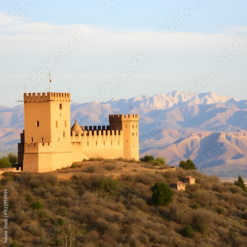 impregnable castle La Calahorra on the hill with Sierra nevada mountains on the background