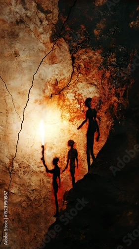 A man holding a torch is shown in a cave with two other people. The cave is dark and the man is holding the torch to light the way. Scene is mysterious and adventurous