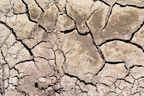 Dry cracked ground at riverbed in hot summer, global warming and climate change concept, environmental discussion, extreme weather and heat wave