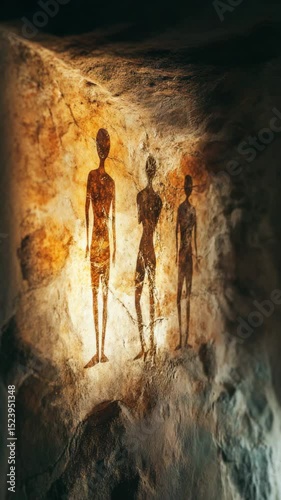 Three figures are painted on a wall, with one of them being a woman. The figures are in a cave, and the cave is dark and mysterious. Scene is one of curiosity and wonder