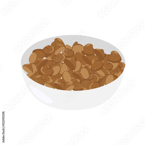 Cartoon bowl filled with milk chocolate chips. Vector food element. For cooking graphics, dessert visuals, candy branding, menu decorations, baking content