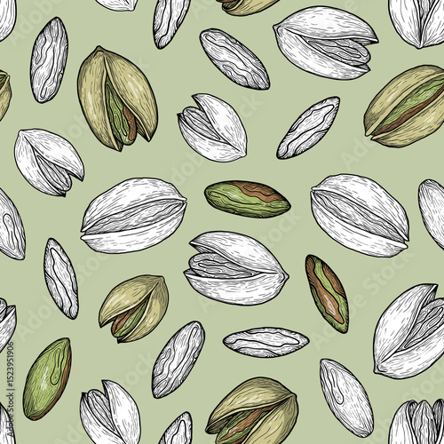 Seamless pistachio pattern with mixed color and black and white hand drawn nuts on green background texture